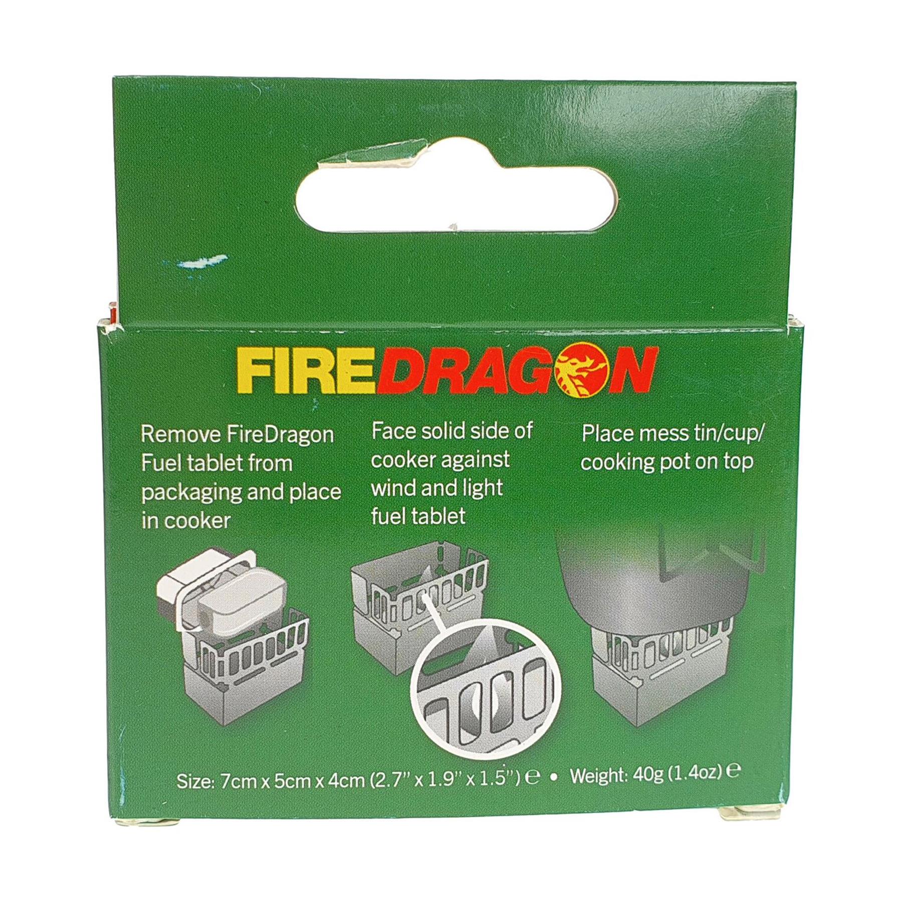 BCB FireDragon Mini Cooker MK2 maža aliuminė kieto kuro viryklė su naudojimo instrukcija ir kuro laikikliu.