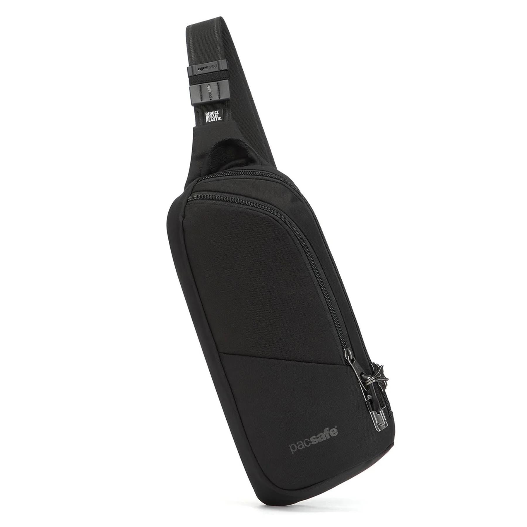 Pacsafe Vibe 150 krepšelis per petį su užrakinamais užtrauktukais, atsparus vandeniui ir saugus kelionėms.