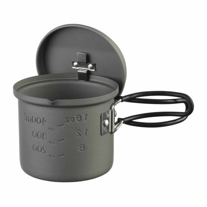 ESBIT stovyklavimo puodas 625ml anodizuotas aliuminis su sulankstoma rankena ir nepridegančia danga lauko maistui.