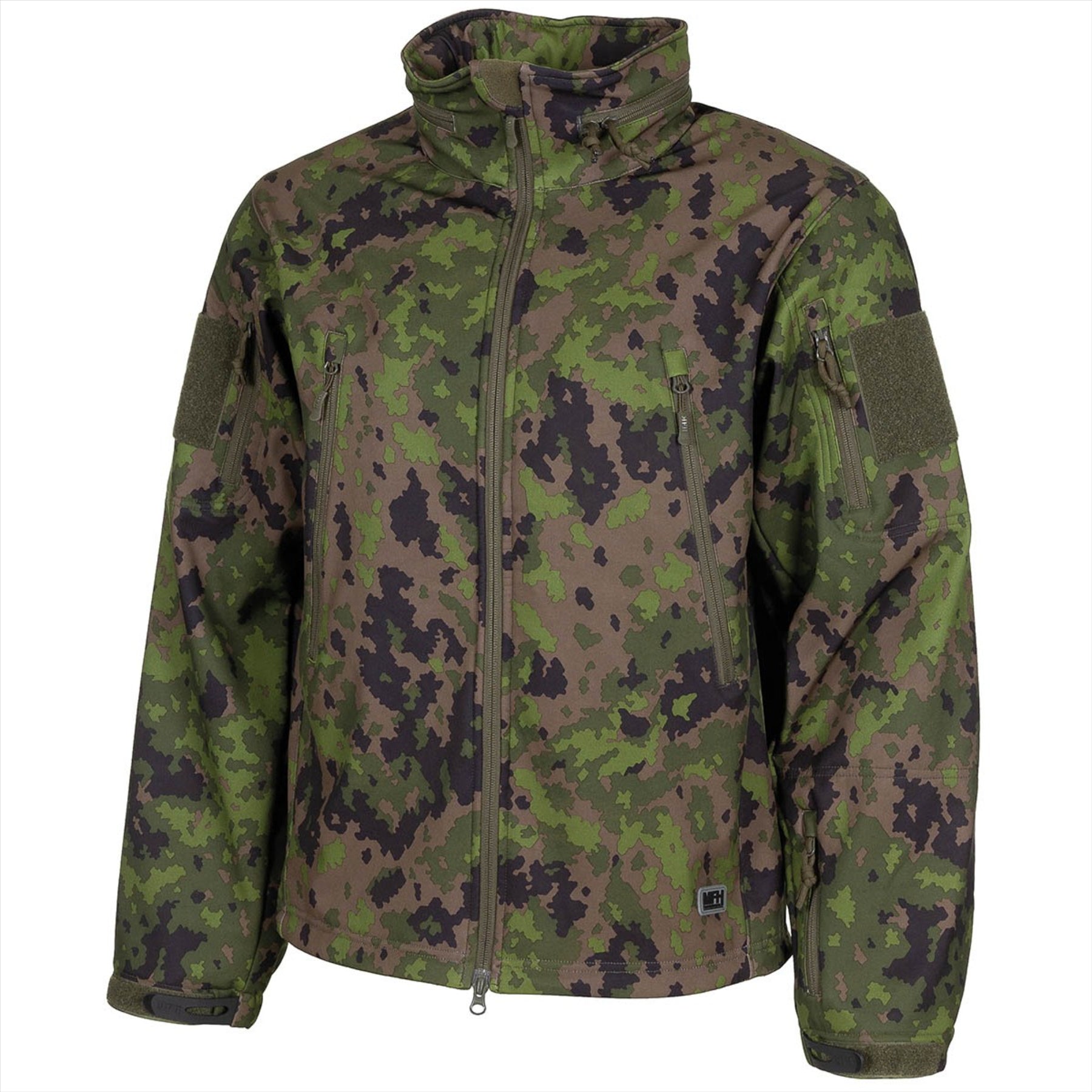 MFH Scorpion Softshell striukė vandeniui ir vėjui atspari M05 marginimo taktine su YKK užtrauktuku ir reguliuojamu gobtuvu.
