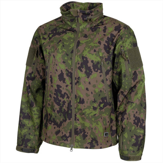 MFH Scorpion Softshell striukė vandeniui ir vėjui atspari M05 marginimo taktine su YKK užtrauktuku ir reguliuojamu gobtuvu.