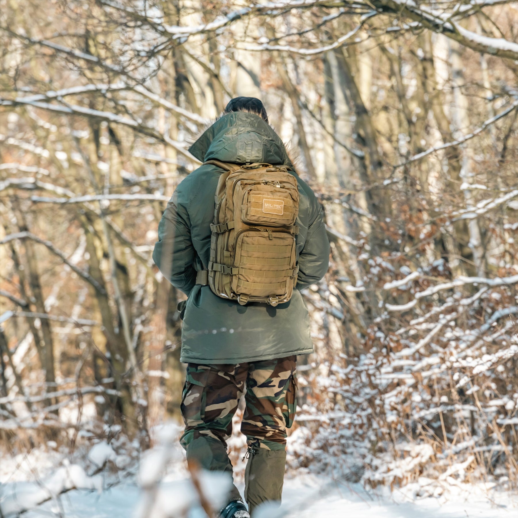 Vyro nugaros vaizdas su MIL-TEC US ASSAULT taktine kuprine 36L talpos žiemos miške.