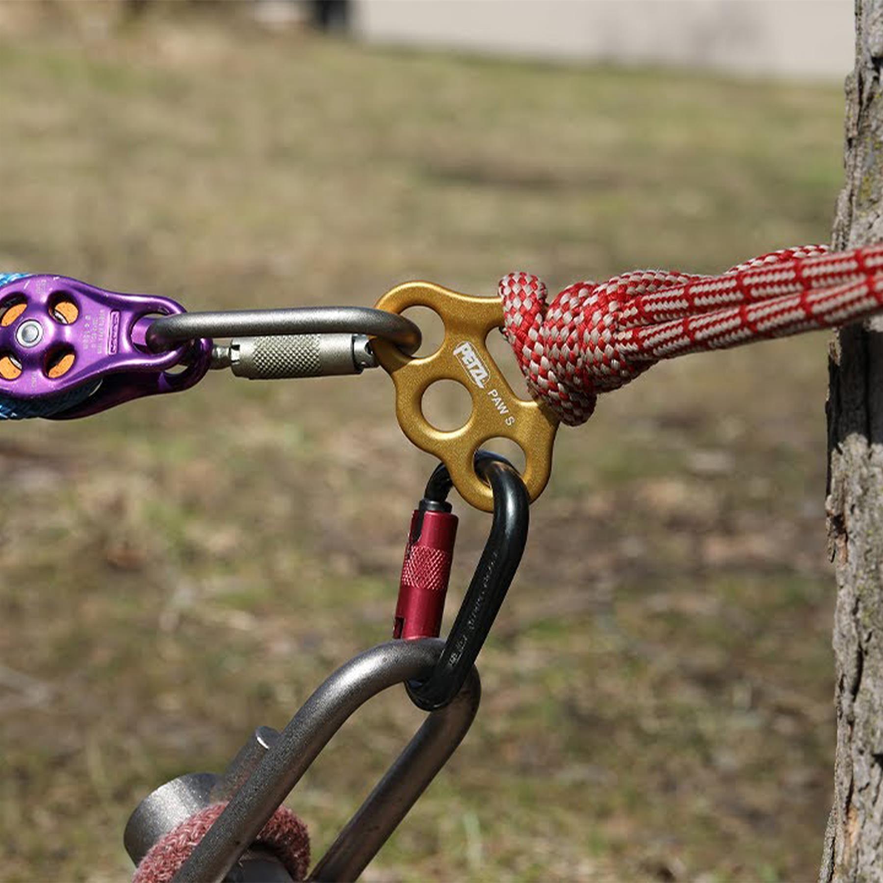 PETZL PAW S alpinizmo plokštelė su 3 tvirtinimo taškais geltonos spalvos, naudojama saugos taškų organizavimui.