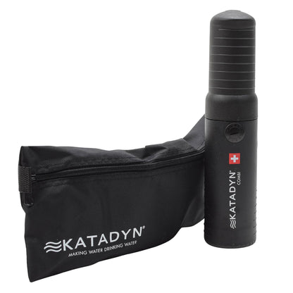 Katadyn Combi Plus vandens filtravimo įrenginys premium klasė juodos spalvos su lagaminėliu kelionėms ir stovyklauti.