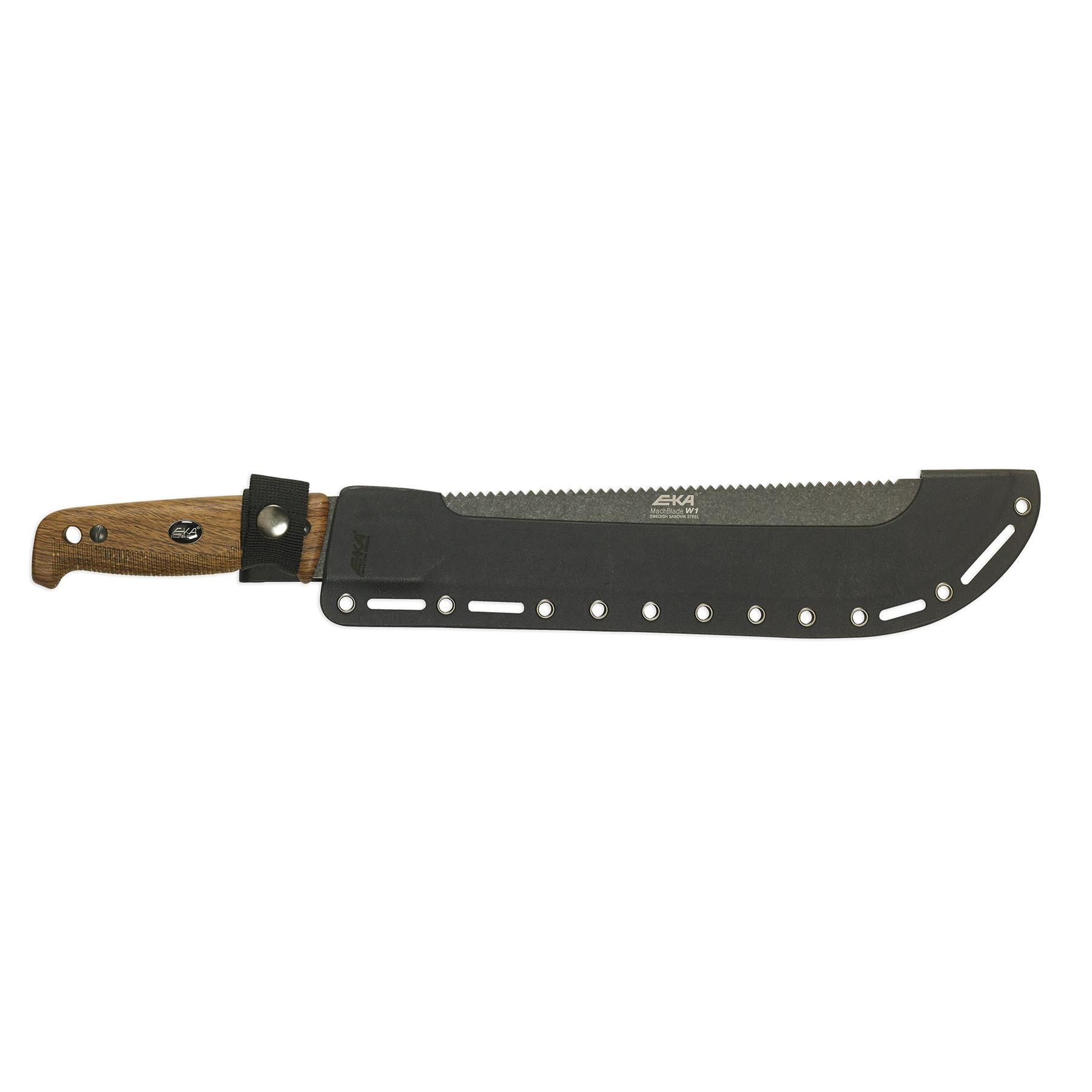 EKA MachBlade W1 mačetė su 12C27 plieno ašmenimis ir Kydex dėklu, pjūklu ir ergonomiška rankena.