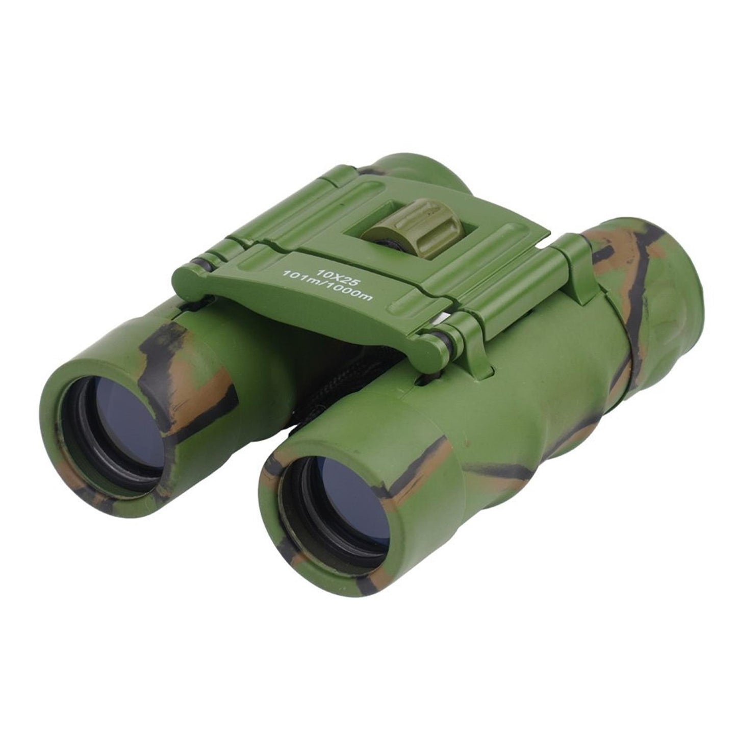 MIL-TEC Gen II sulankstomi žiūronai 10x25 su dėklu Woodland kamufliažo raštu, tvirti ir kompaktiški žygeiviams.