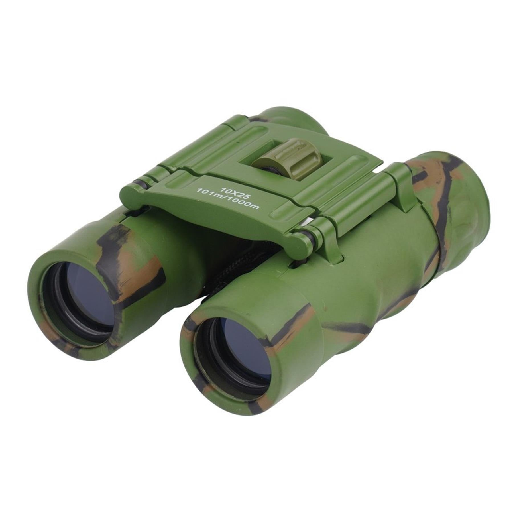 MIL-TEC Gen II sulankstomi žiūronai 10x25 su dėklu Woodland kamufliažo raštu, tvirti ir kompaktiški žygeiviams.