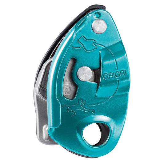 PETZL Grigri automatinis stabdymo įtaisas laipiojimui mėlynas, skirtas vienguboms virvėms ir saugumo kontrolei.