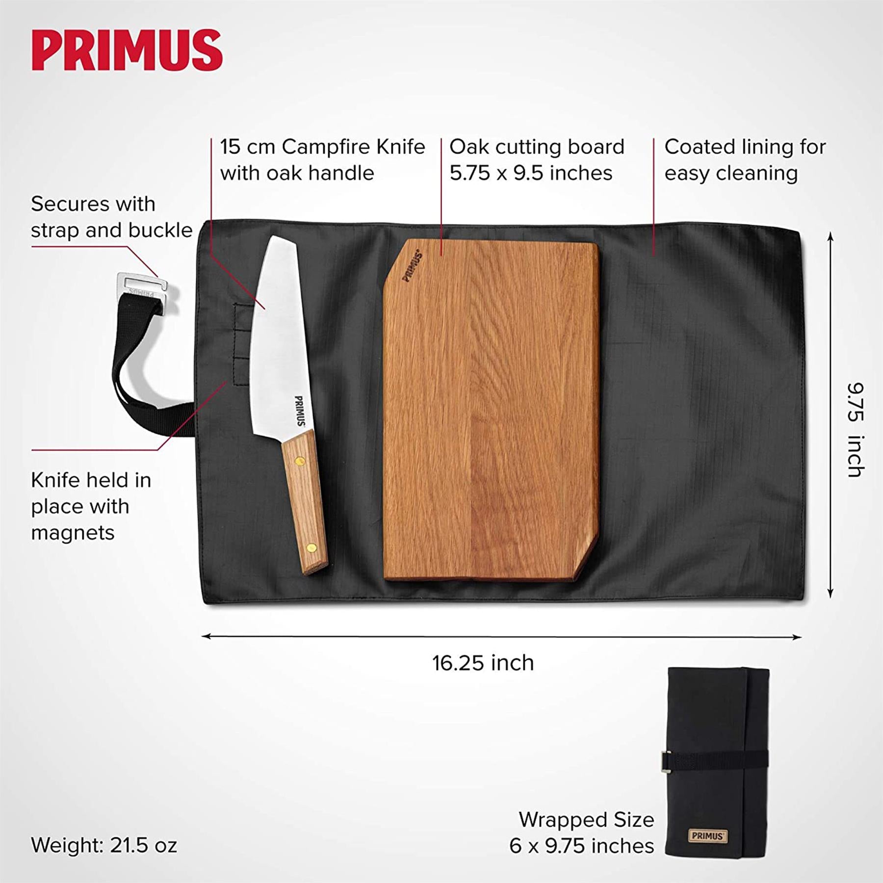 Primus CampFire rinkinys nerūdijančio plieno peilis ir ąžuolo pjaustymo lenta stovyklavimui su dėklu.