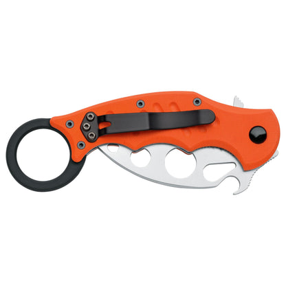 Fox Knives KARAMBIT FX-599 TK sulankstomas karambito tipo peilis iš AISI 420C plieno su oranžine G10 rankena.