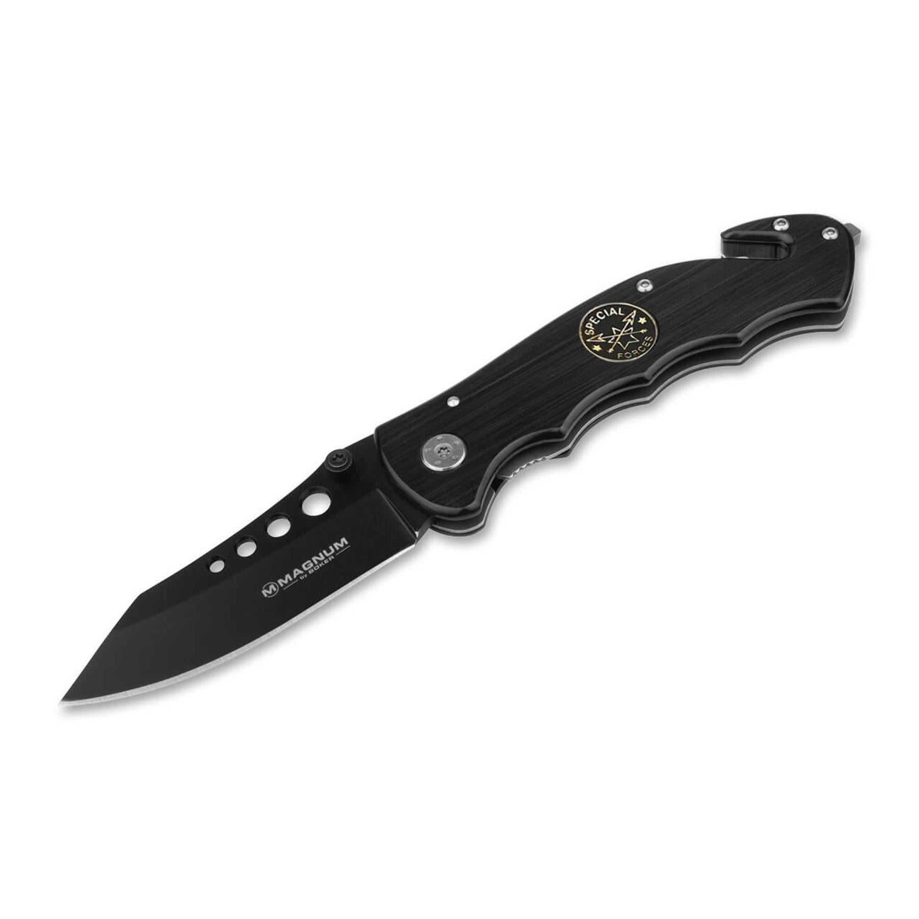 Boker Special Forces Tanto sulankstomas peilis su juoda aliuminio rankena ir 440A plieno ašmenimis, papuoštas specialiųjų pajėgų emblema