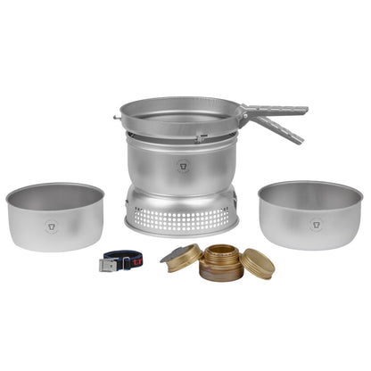 Trangia camping cookware set with liquid fuel burner