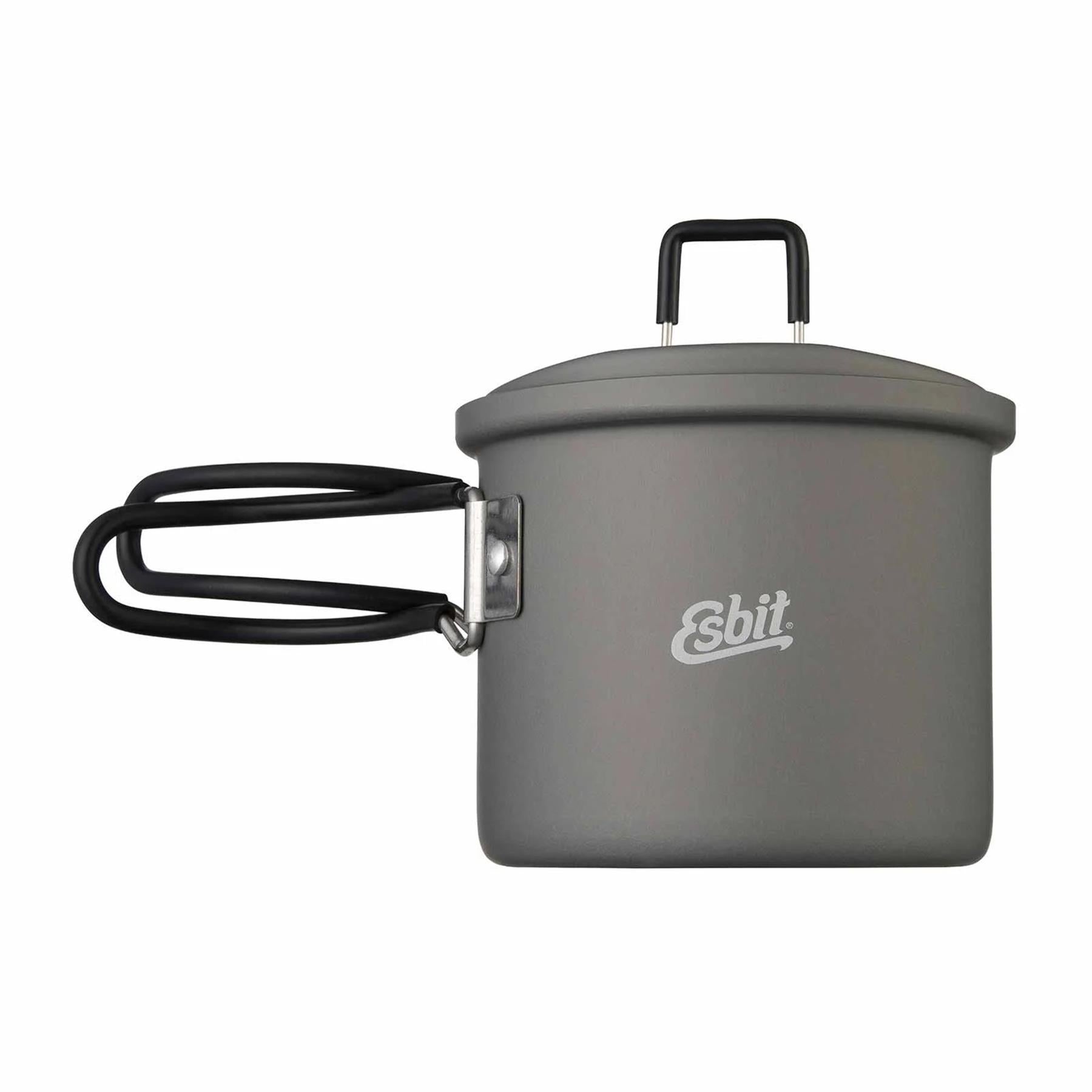 ESBIT stovyklavimo puodas 625ml anodizuotas aliuminis su sulankstoma rankena ir nepridegančia danga žygiams.