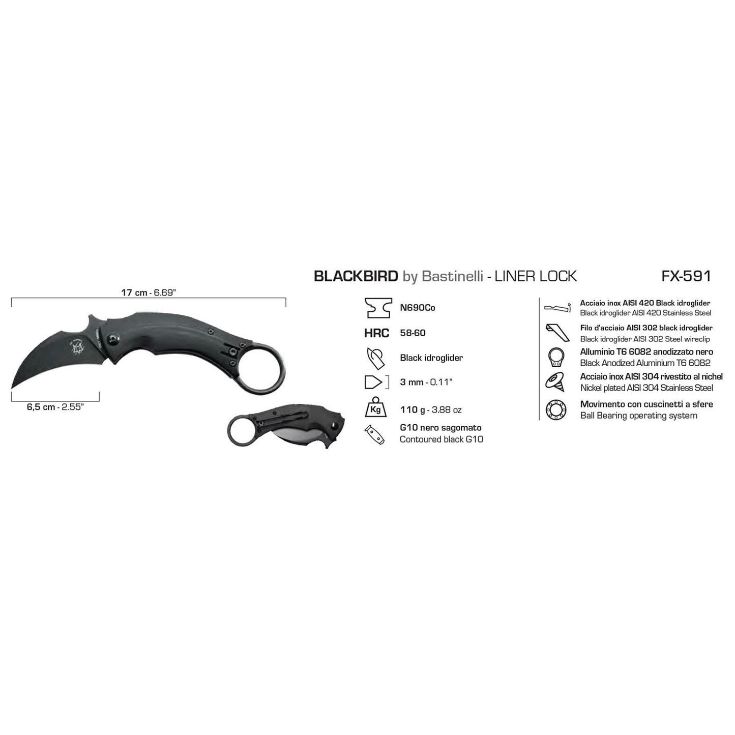 Fox Knives BLACK BIRD folding karambit pocket knife with N690Co steel blade