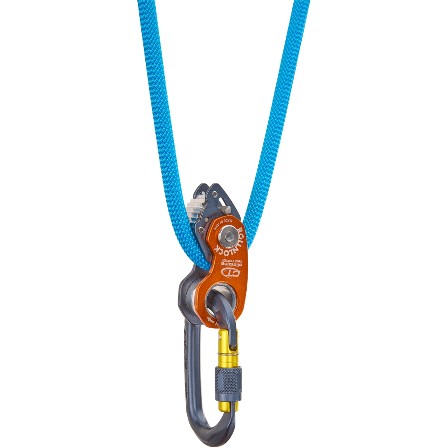 Climbing Technology ROLLNLOCK skriemulinis lipimo įtaisas 3 in 1 su mėlyna virve ir aliuminio karabinu.