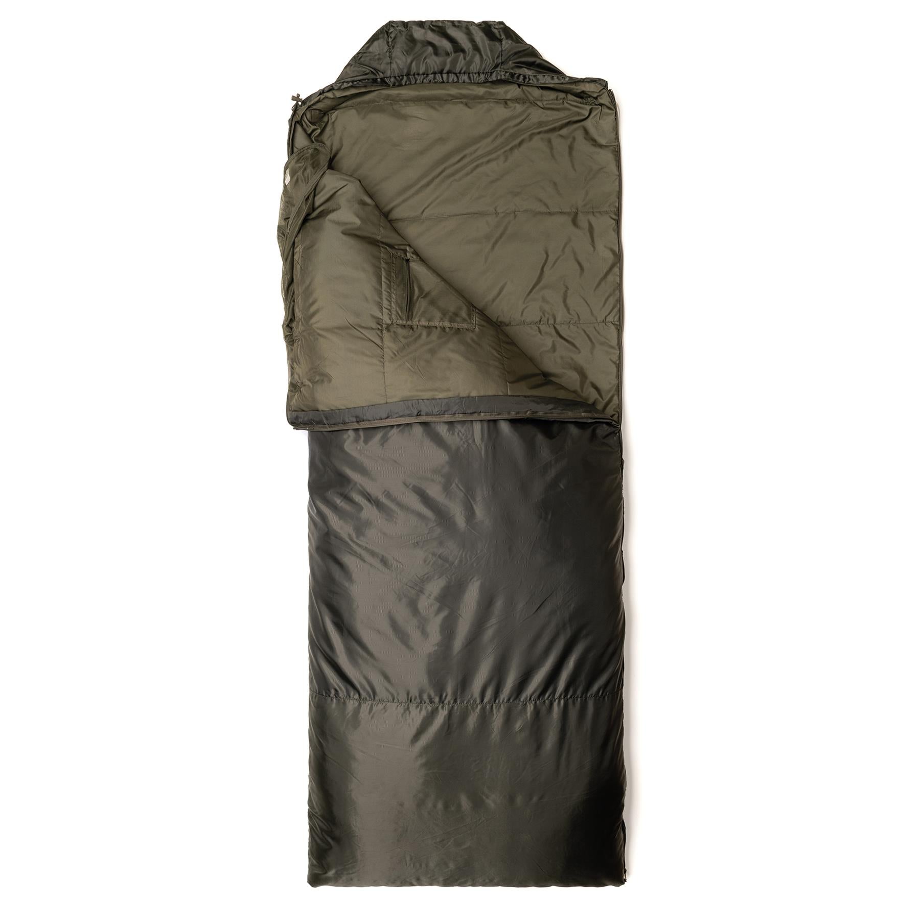 Snugpak miegmaišis 220cm su integruotu tinklu nuo vabzdžių alyvuogių spalvos, skirtas apsaugai gamtoje.