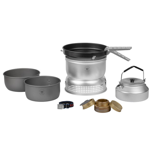 Trangia cookware set with stove for liquid fuel, anodized aluminum