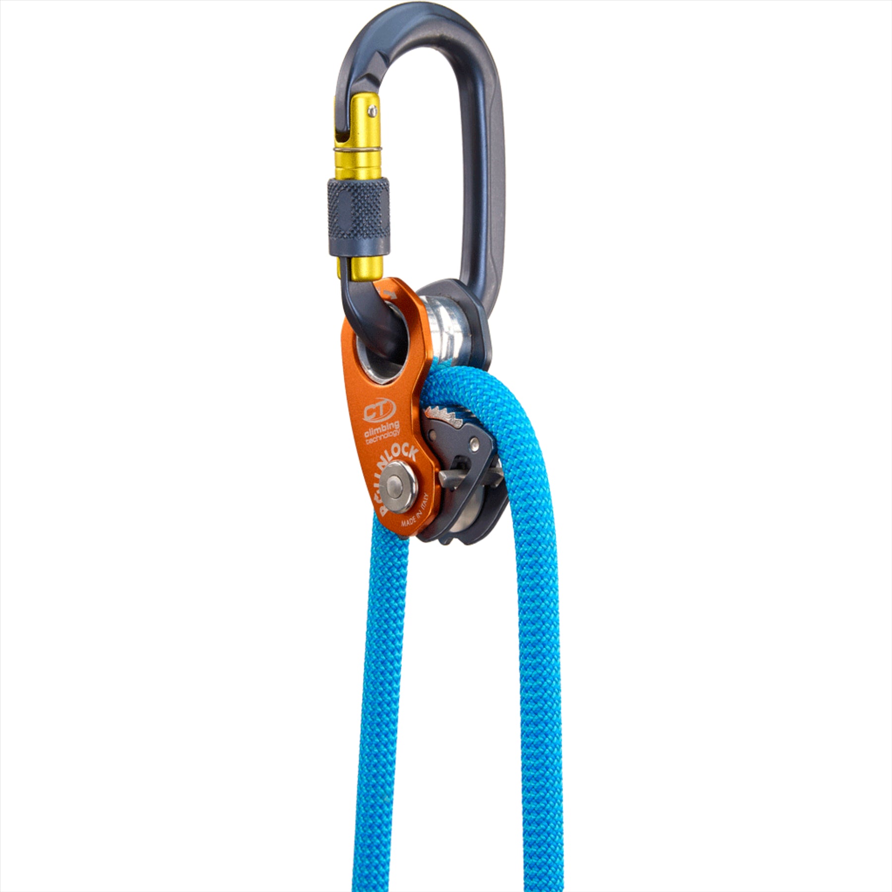 Climbing Technology ROLLNROCK skriemulinis lipimo įtaisas 3 in 1 mėlynas su virve ir karabinu alpinizmui ir gelbėjimui.