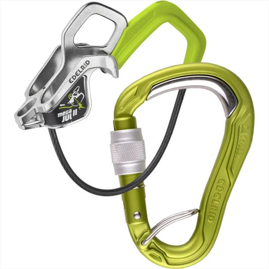 Edelrid Mega Jul saugos komplektas su Bulletproof Screw karabinu Oasis – patikimas laipiojimo įrenginys ir karabinas.