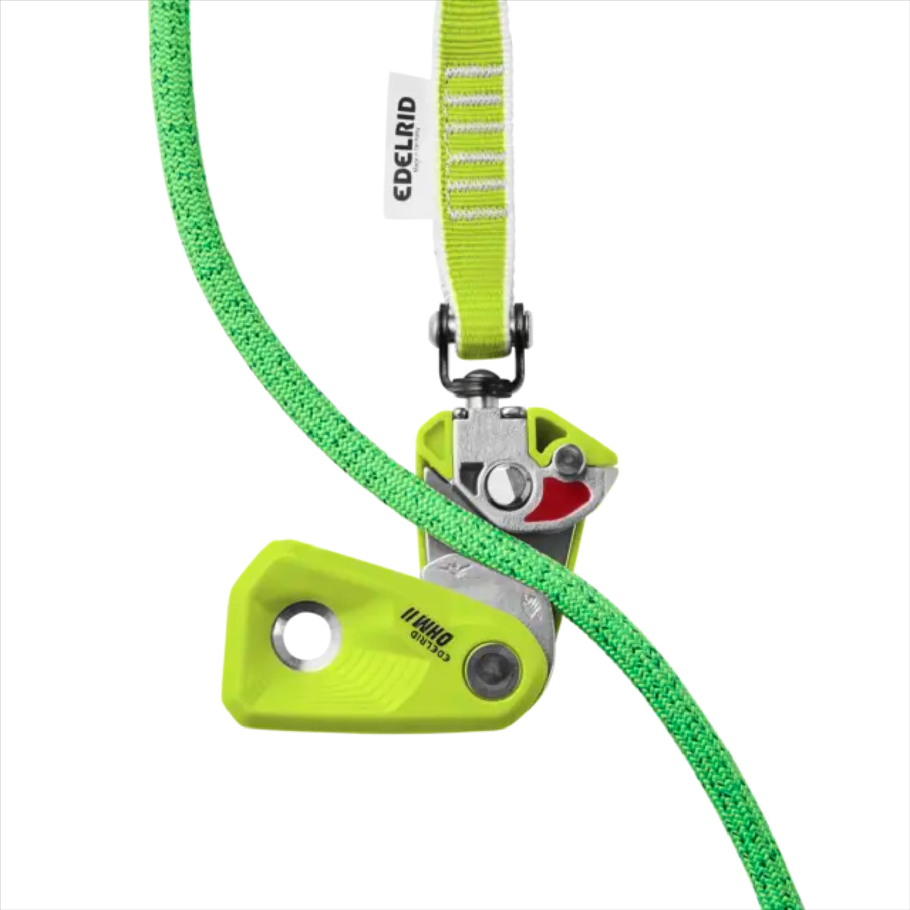 Edelrid OHM pagalbinio stabdymo įrenginys žalias su virve, skirtas saugiam laipiojimui ir kritimų valdymui.