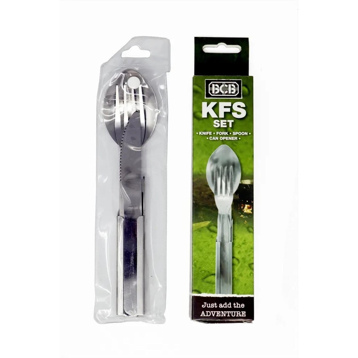 Compact KFS camping set with knife, fork, spoon and integrated can opener