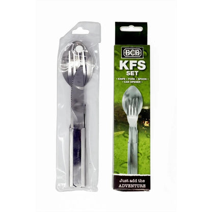 Compact KFS camping set with knife, fork, spoon and integrated can opener