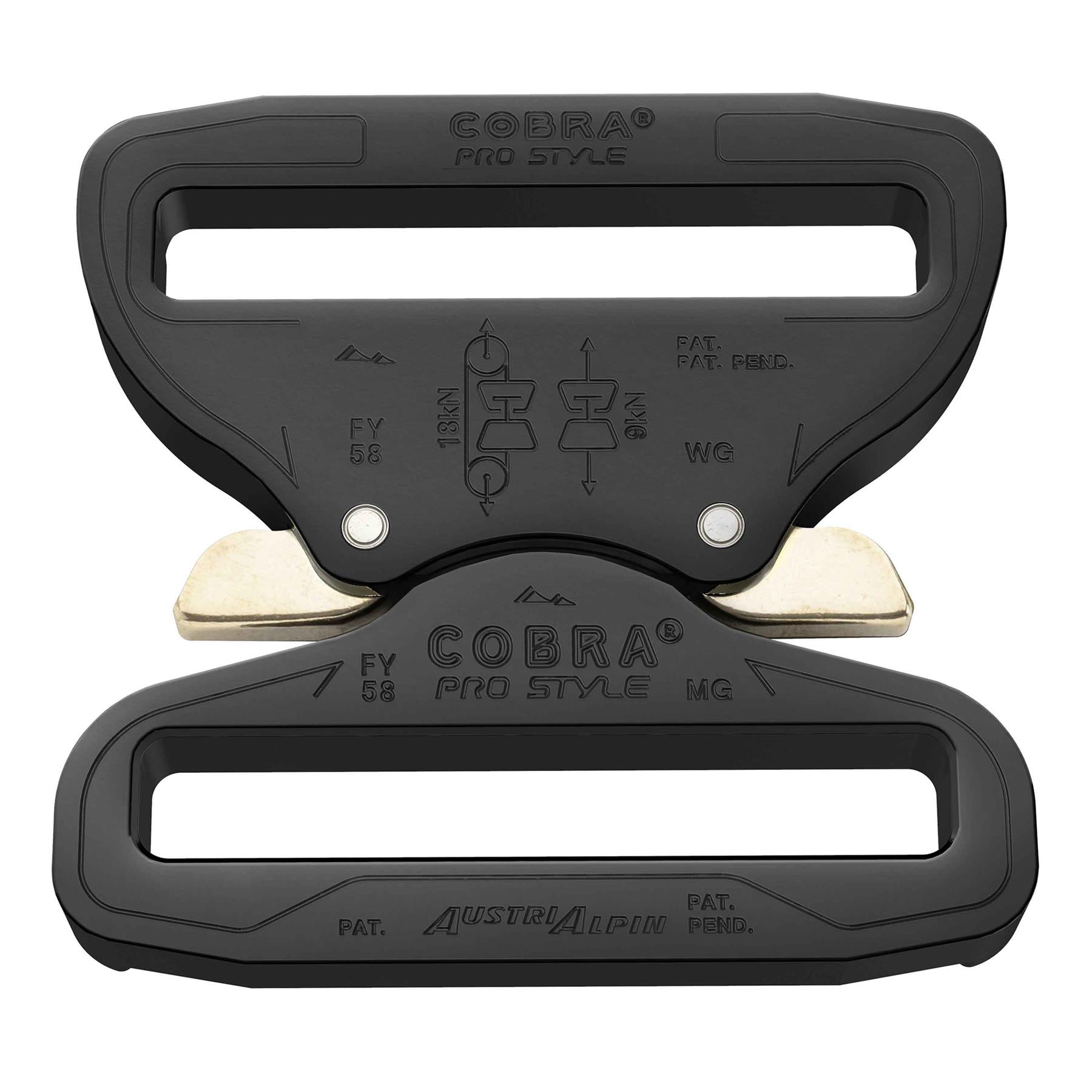COBRA PRO STYLE juoda aliuminio diržo sagtis 58mm, su dvigubu fiksavimo mechanizmu ir aukštos kokybes paviršiumi