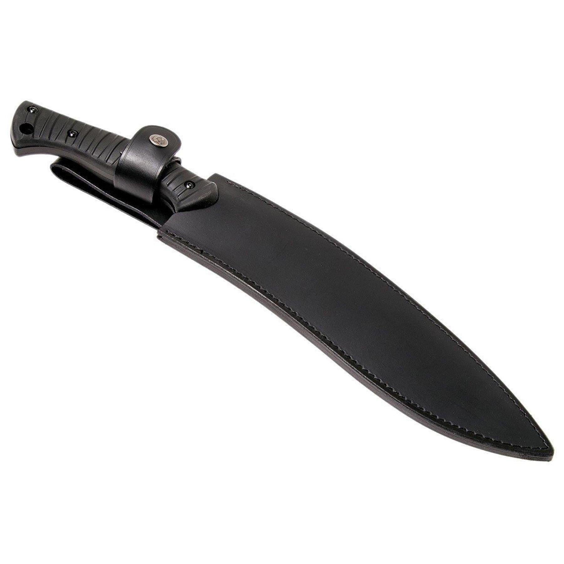 Fox Knives KUKRI mačetė pagaminta iš 4119 nitro-B nerūdijančio plieno su odiniu dėklu saugiam laikymui.