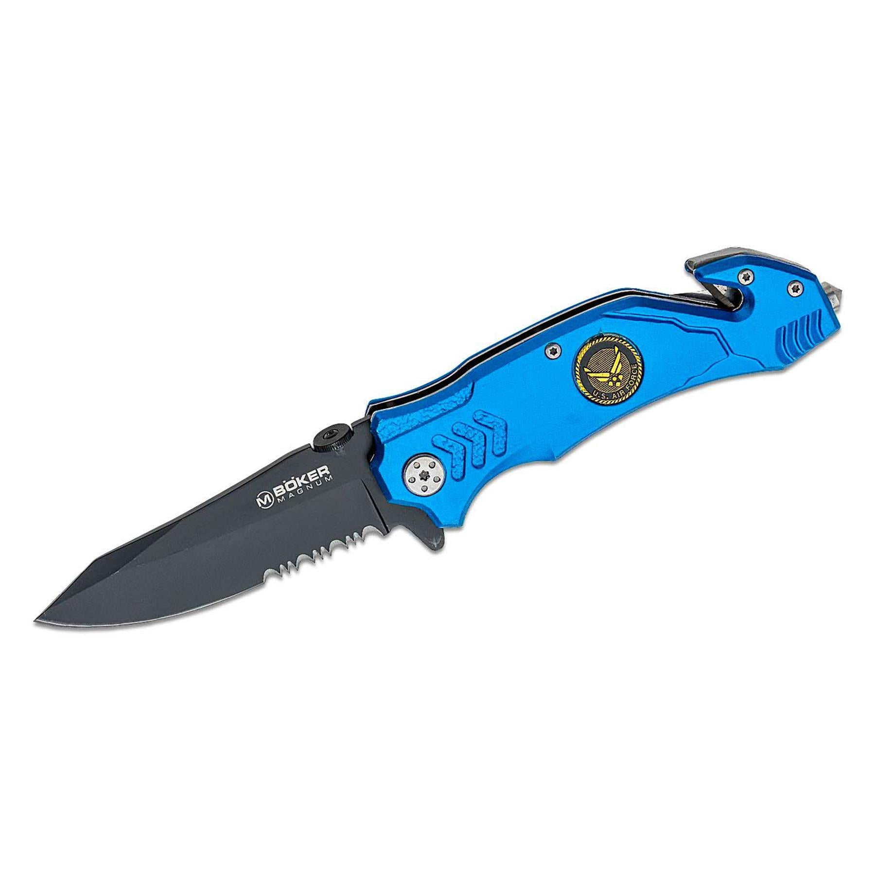 BOKER Air Force Rescue peilis su melynu aliuminio rankena ir juodu 440A plieno asmeniu, su paramediku emblema