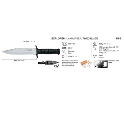 Fox Knives Military Explorer Survival Knife Fixed Blade 440 Steel with Survival Kit