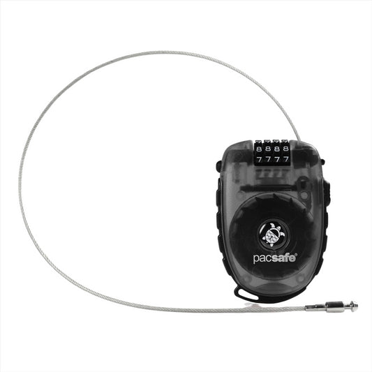 Pacsafe Retractasafe 250 spyna su keturių skaičių užraktu ir ištraukiamu trosu kelionėms.