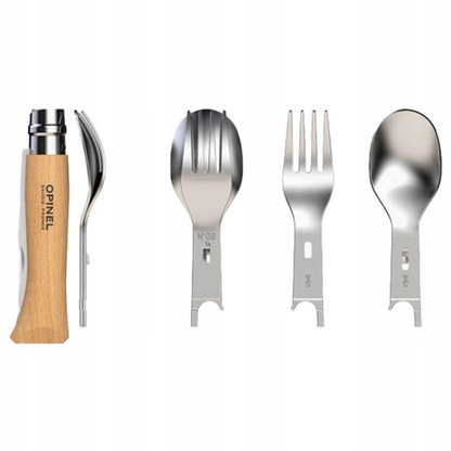 Opinel Picnic+ N°08 stalo įrankių rinkinys peilis šaukštas šakutė