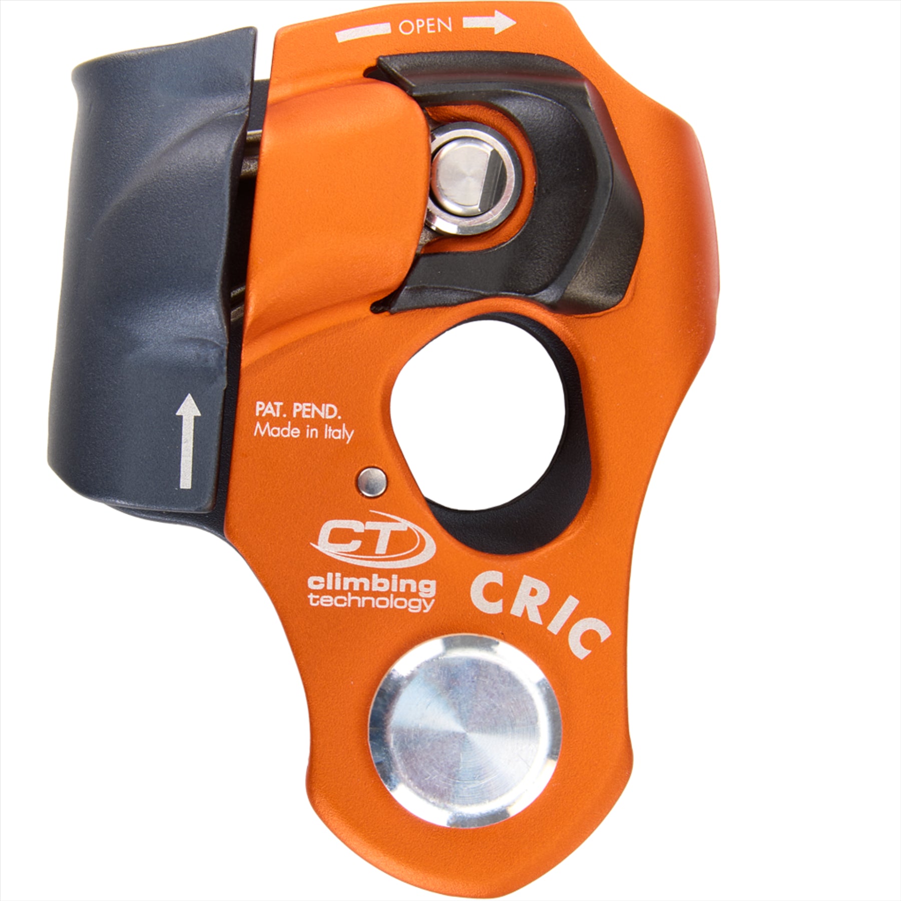 Climbing Technology CRIC oranzinis tempimo skriemulys su stabdziu funkcija, rodomas is priekines puses technine nuotrauka
