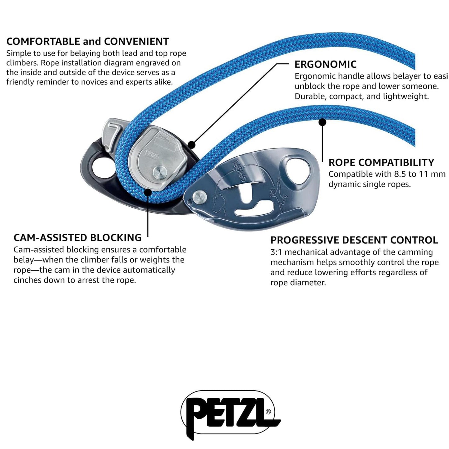 PETZL GRIGRI+ laipiojimo ir nusileidimo prietaisas su savaiminiu stabdžiu, skirtas 8,5–11 mm virvėms.