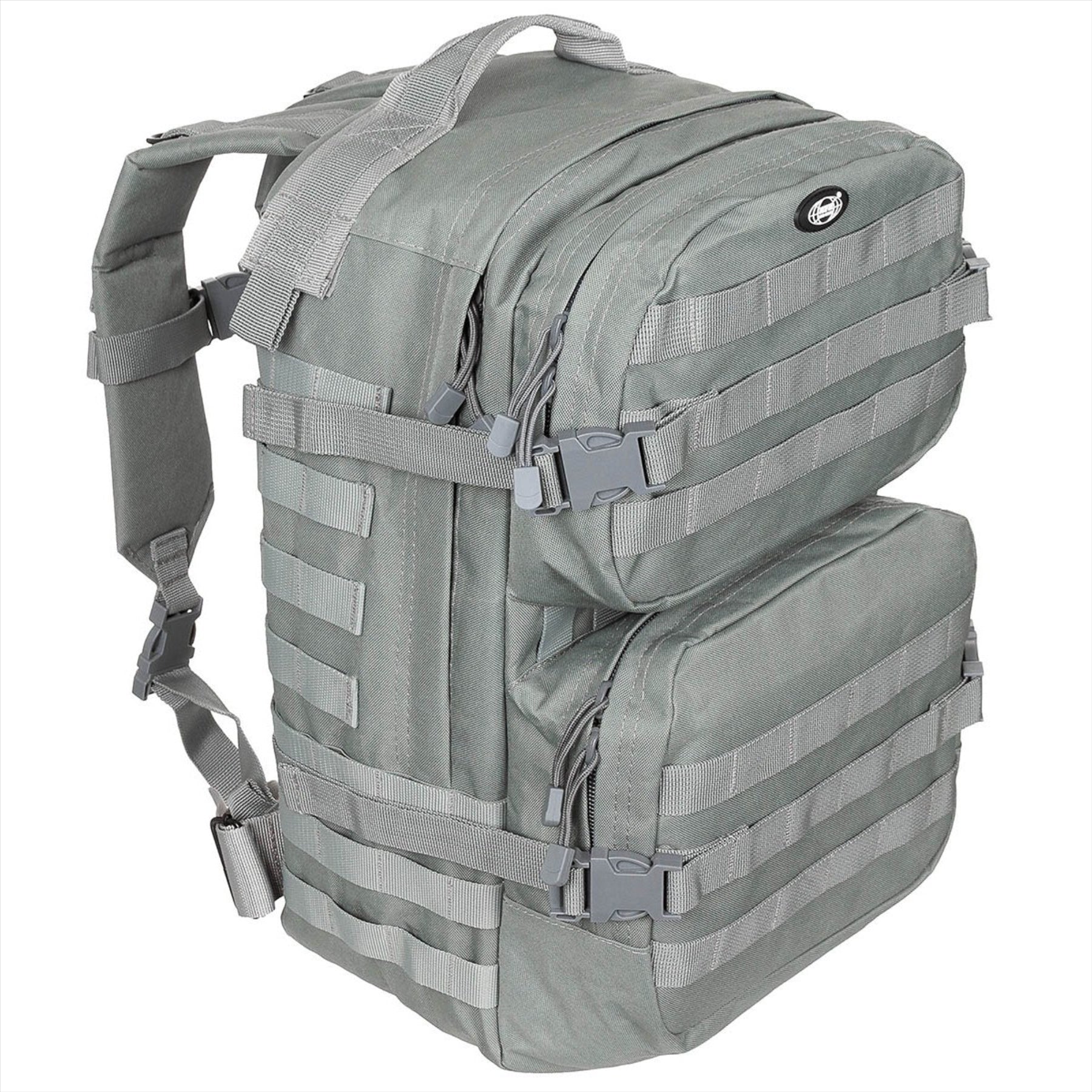MFH US Assault II taktinė kuprinė 40L su MOLLE sistema, reguliuojamomis petnešomis ir gertuvės skyriumi.