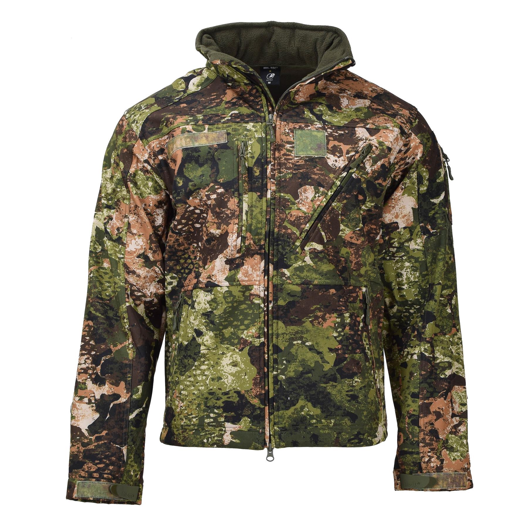 Vyrų taktinė striukė softshell su kapišonu, neperšlampama ir kamufliažinė medžiaga, su kišenėmis.