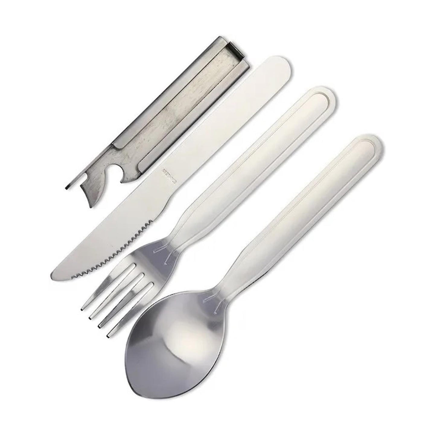 Compact KFS camping set with knife, fork, spoon and integrated can opener