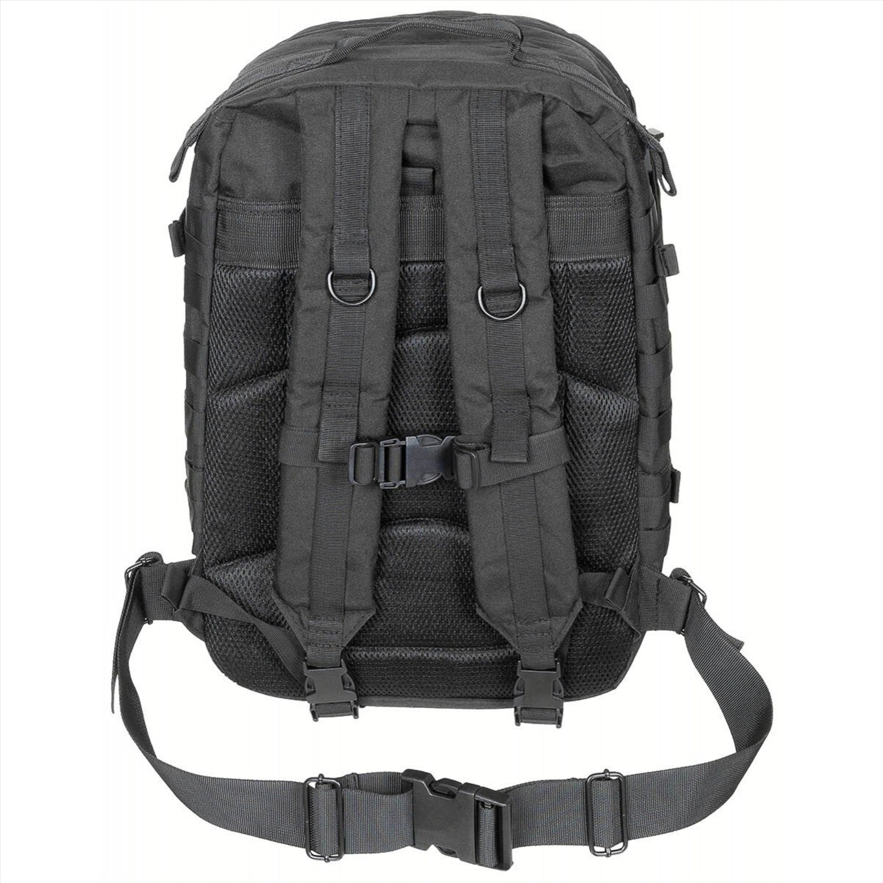 MFH US Assault II taktinė kuprinė 40L su MOLLE sistema, paminkštintomis petnešomis ir gertuvės skyriumi juodos spalvos.