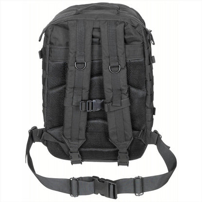 MFH US Assault II taktinė kuprinė 40L su MOLLE sistema, paminkštintomis petnešomis ir gertuvės skyriumi juodos spalvos.
