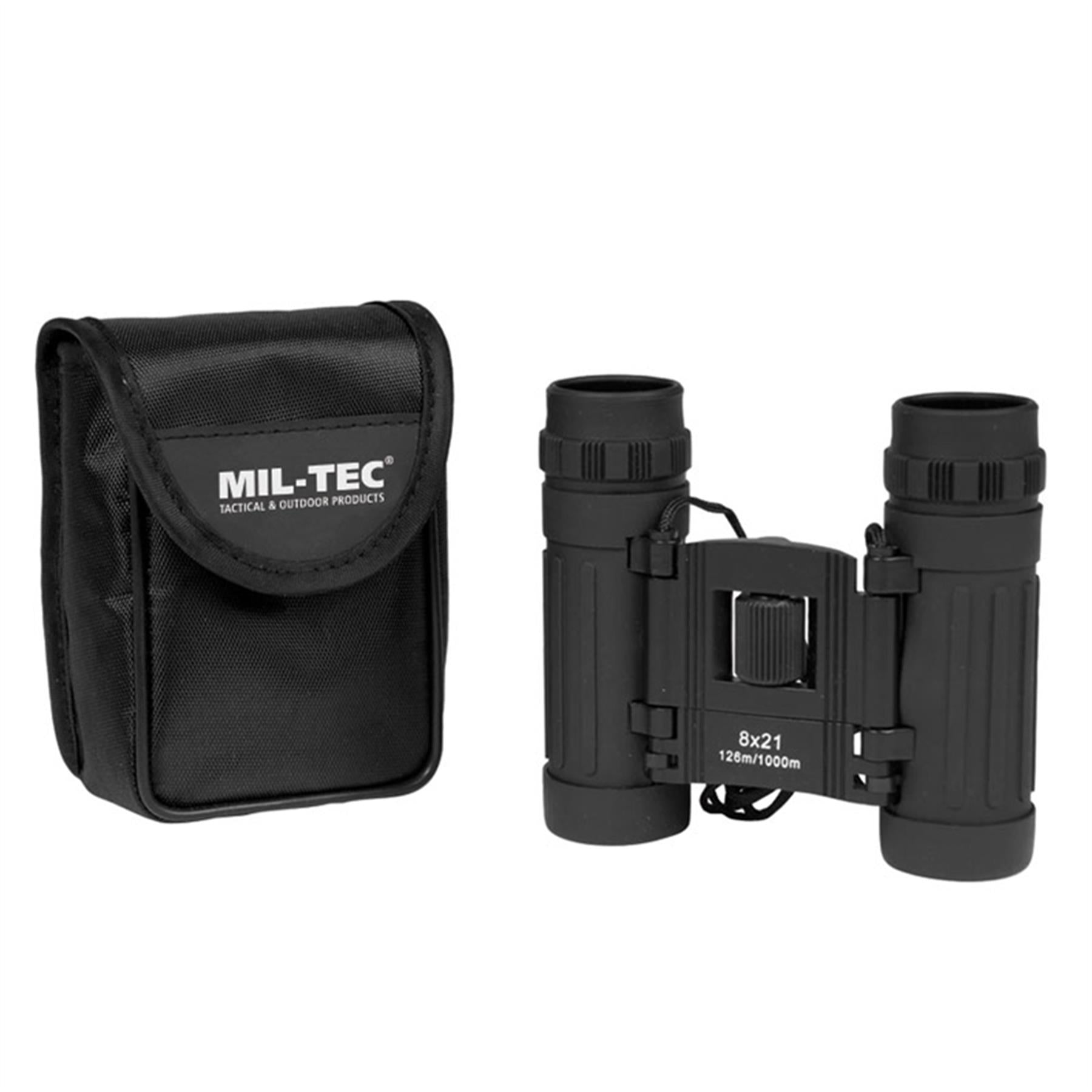 MIL-TEC sulankstomi žiūronai 8x21 su dėklu juodi, kompaktiški ir lengvi, su gumuota apdaila ir nailoniniu dėklu.
