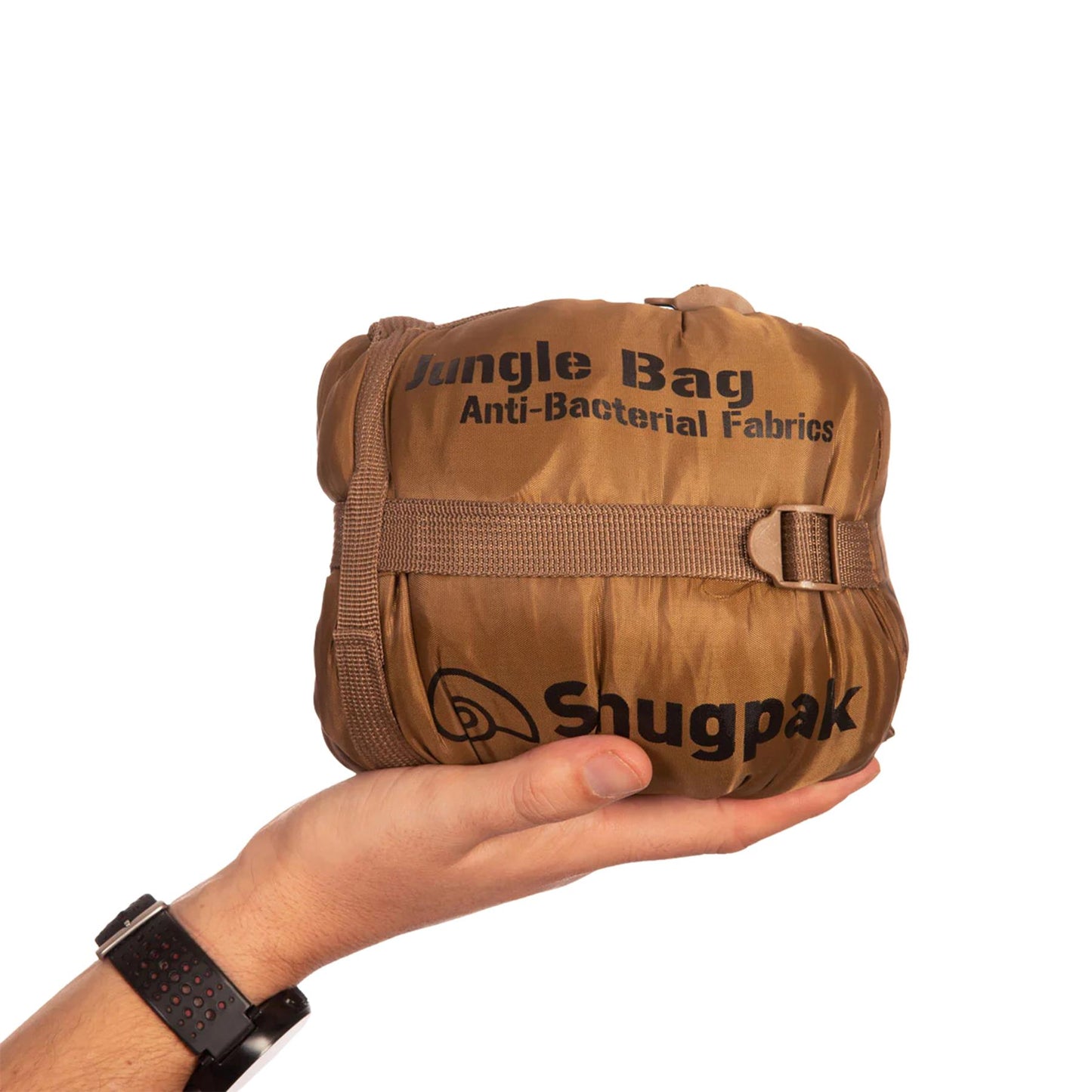Snugpak miegmaišis 220cm su integruotu tinklų nuo vabzdžių rudos spalvos kompresiniame maiše.