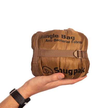 Snugpak miegmaišis 220cm su integruotu tinklų nuo vabzdžių rudos spalvos kompresiniame maiše.