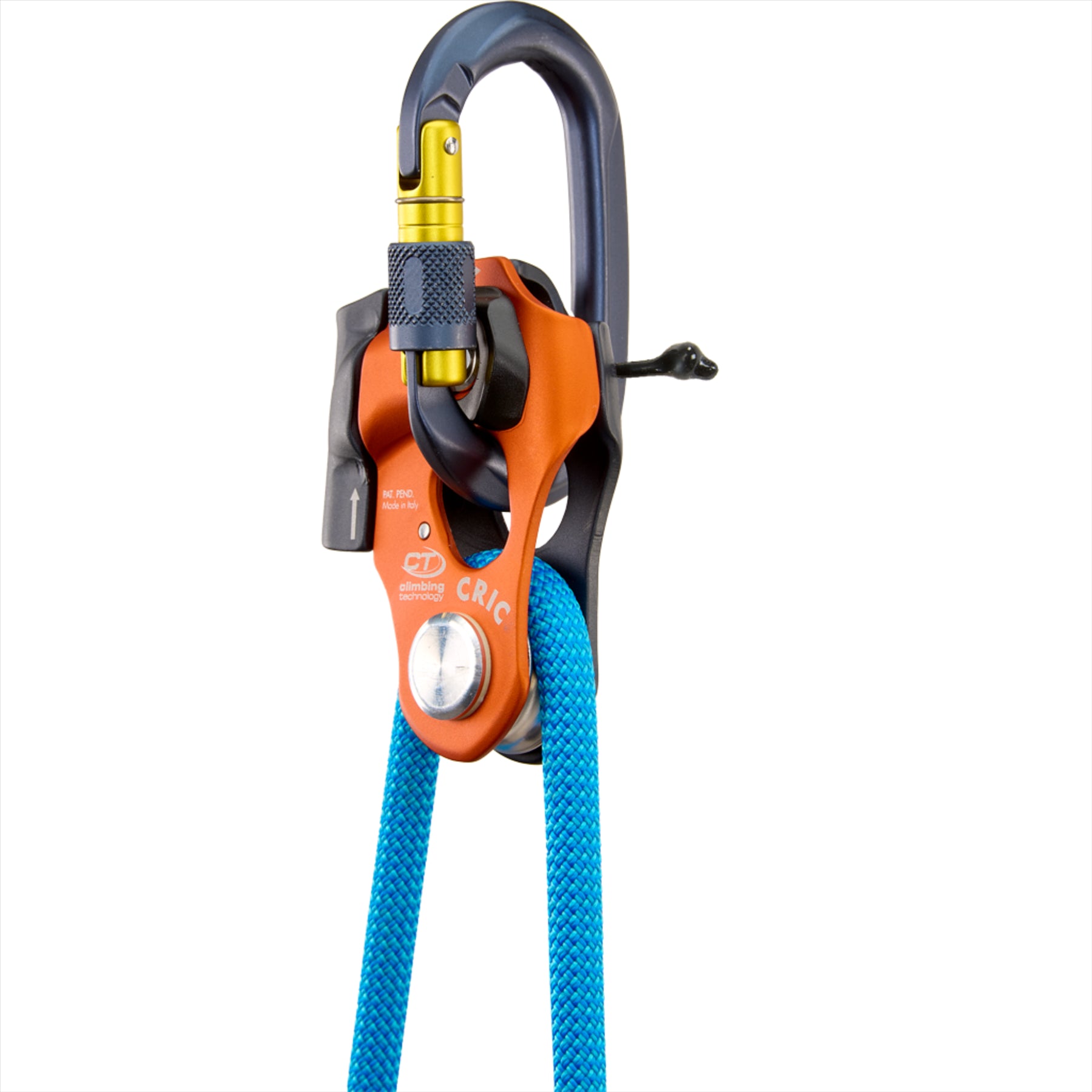 Climbing Technology CRIC oranžinis tempimo skriemulys su stabdžiu ir melyna virve, pritaikytas alpinizmui