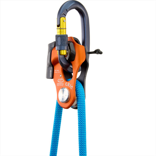 Climbing Technology CRIC oranžinis tempimo skriemulys su stabdžiu ir melyna virve, pritaikytas alpinizmui