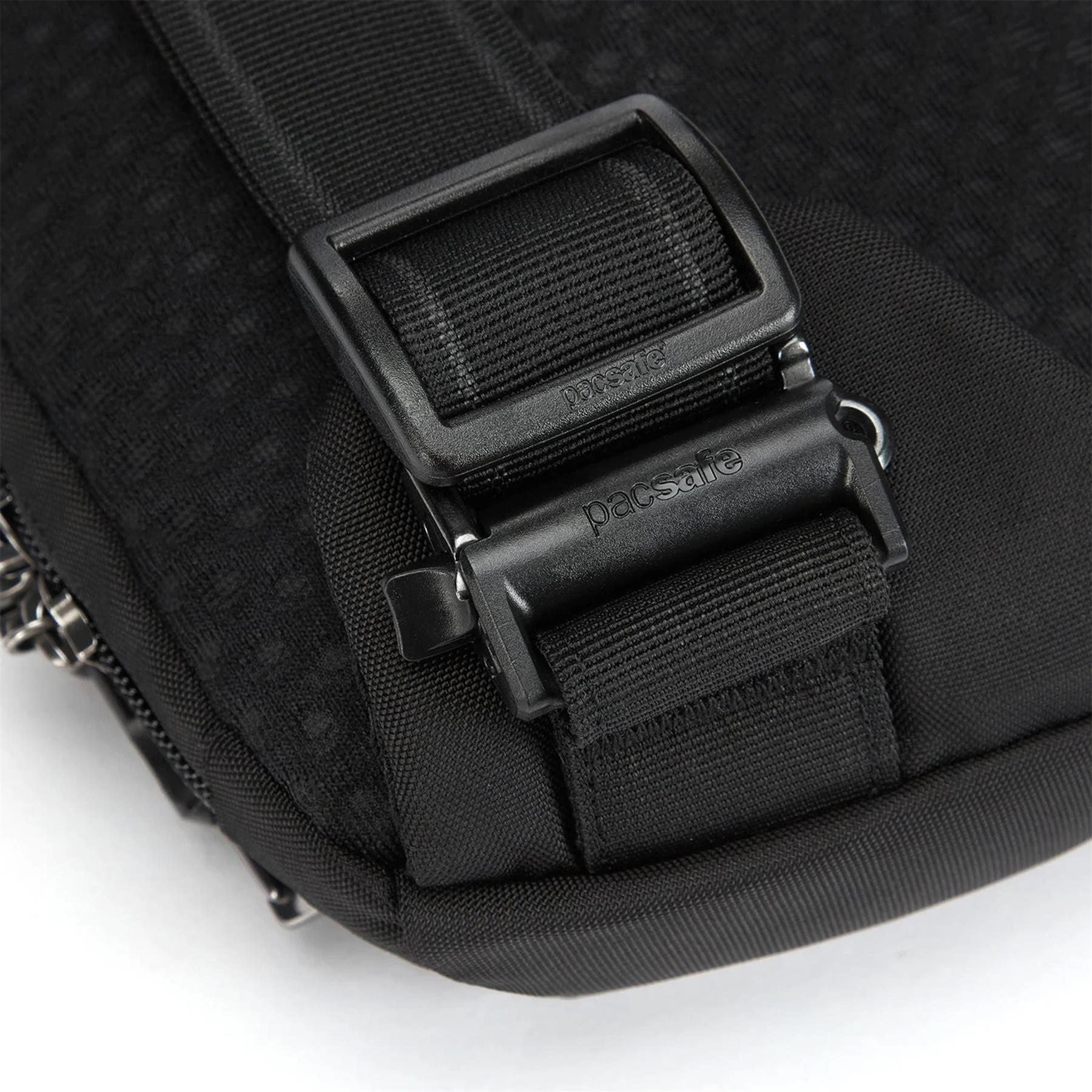 Pacsafe Vibe 150 krepšelis per petį su užrakinamais užtrauktukais ir vandeniui atsparia danga.