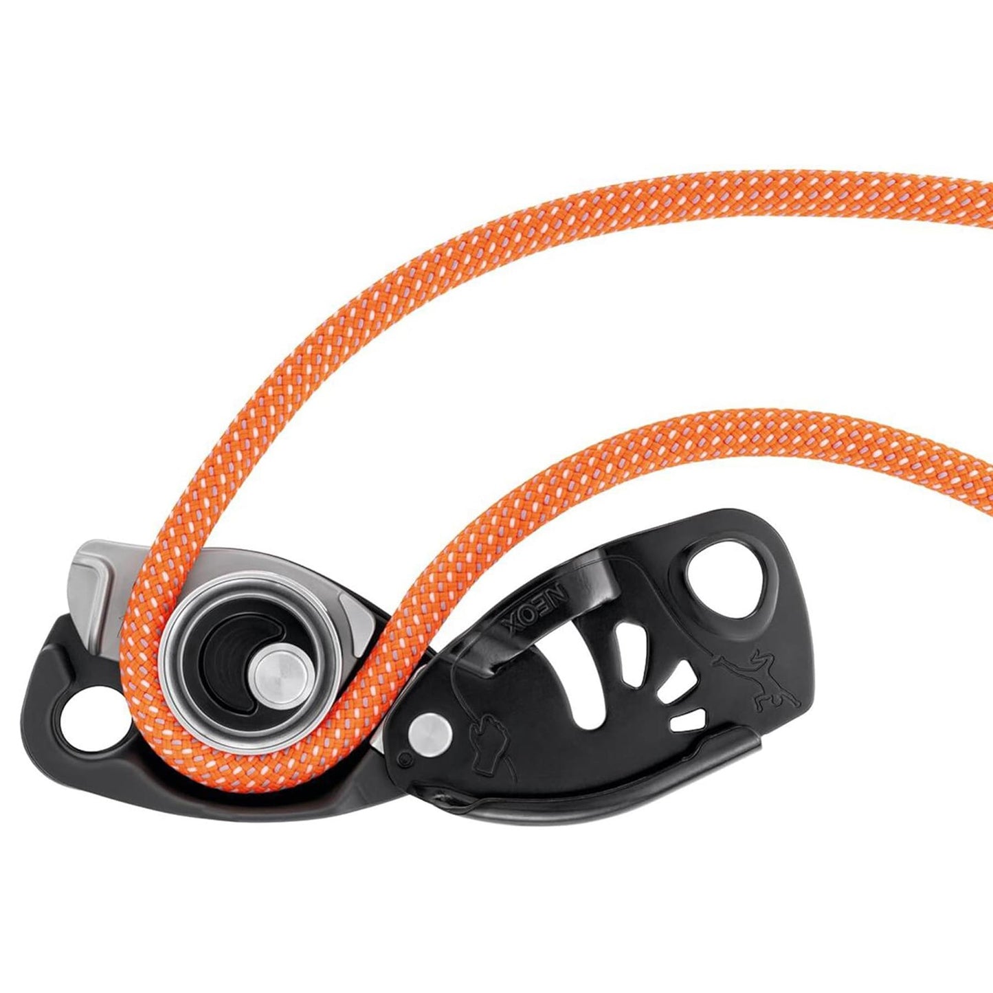 PETZL NEOX laipiojimo įrenginys su asistiniu stabdymu, juodos spalvos užtikrinimo sistema su oranžine virve.