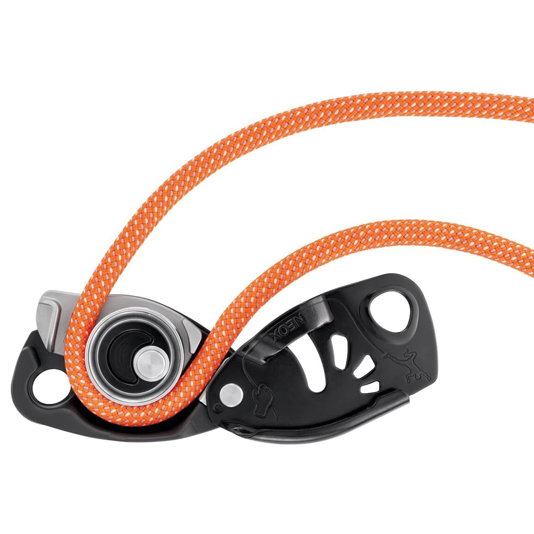 PETZL NEOX laipiojimo įrenginys su asistiniu stabdymu, juodos spalvos užtikrinimo sistema su oranžine virve.