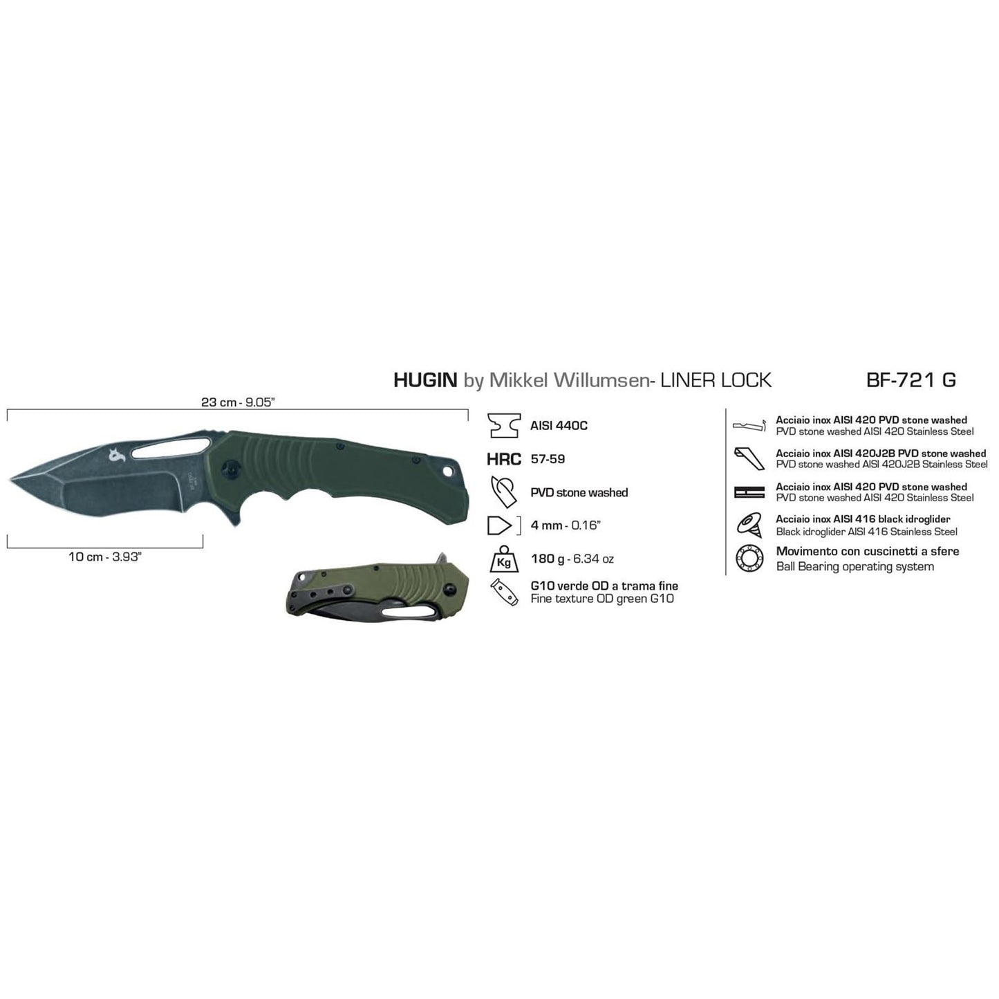 Fox Knives Hugin Tactical Folding Knife 440C Steel G10 Handle