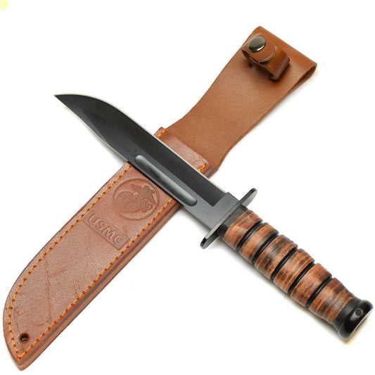 MIL-TEC USMC Fixed Blade Tactical Knife with Leather Sheath