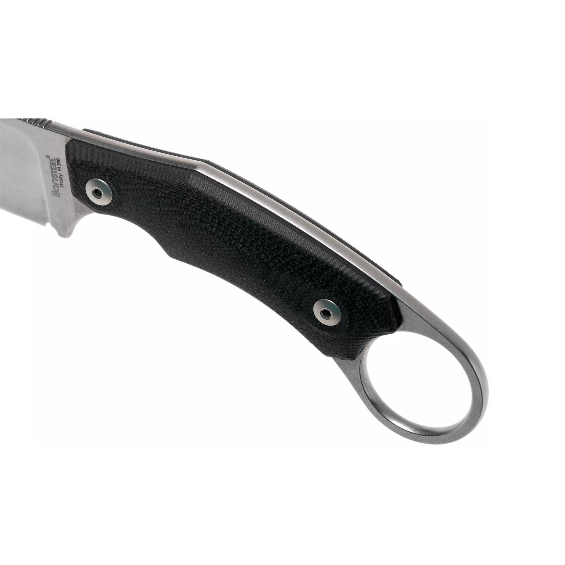 LionSteel H1 fiksuotas peilis su M390 plienu, juoda G10 rankena, pilnos konstrukcijos ir patvarus lauko darbams.